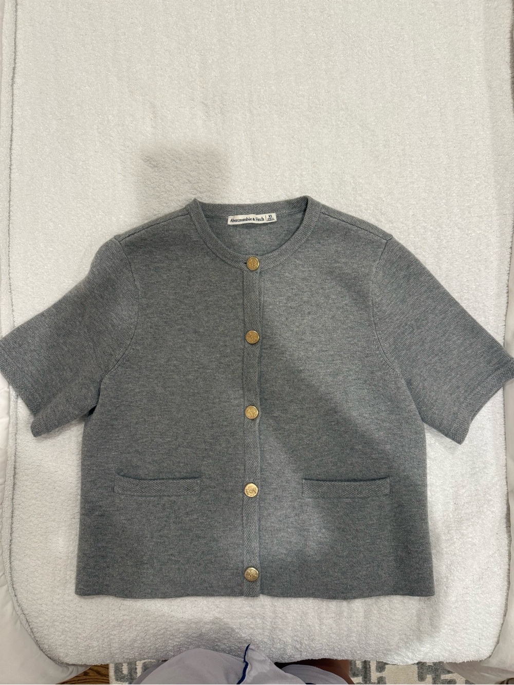 Abercrombie & Fitch Gray Short-Sleeve Knit Cardigan with Gold Buttons